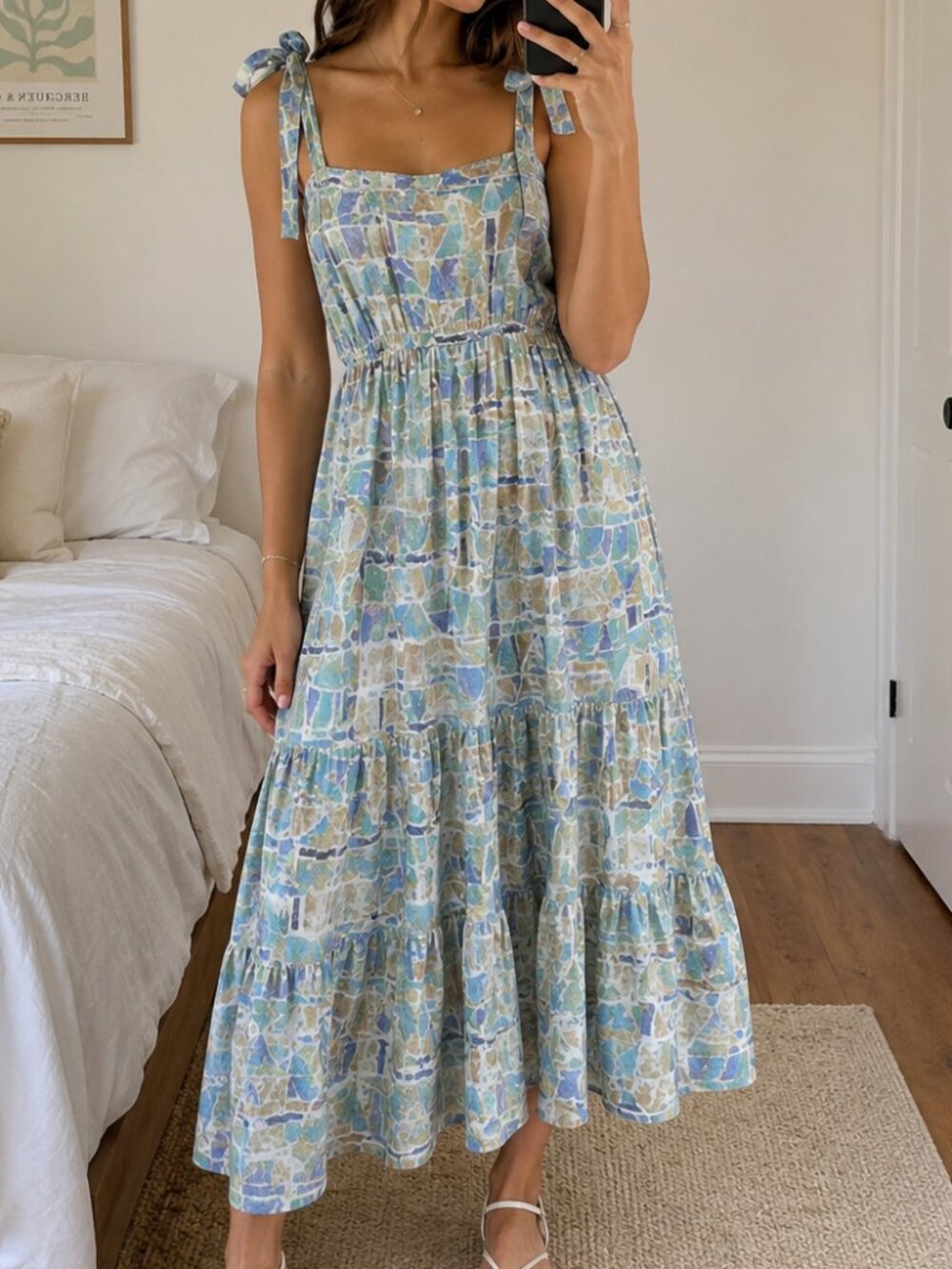 Blu Pepper Midi Dress L Blue Floral Smocked Tiered Tie Strap Sundress Boho